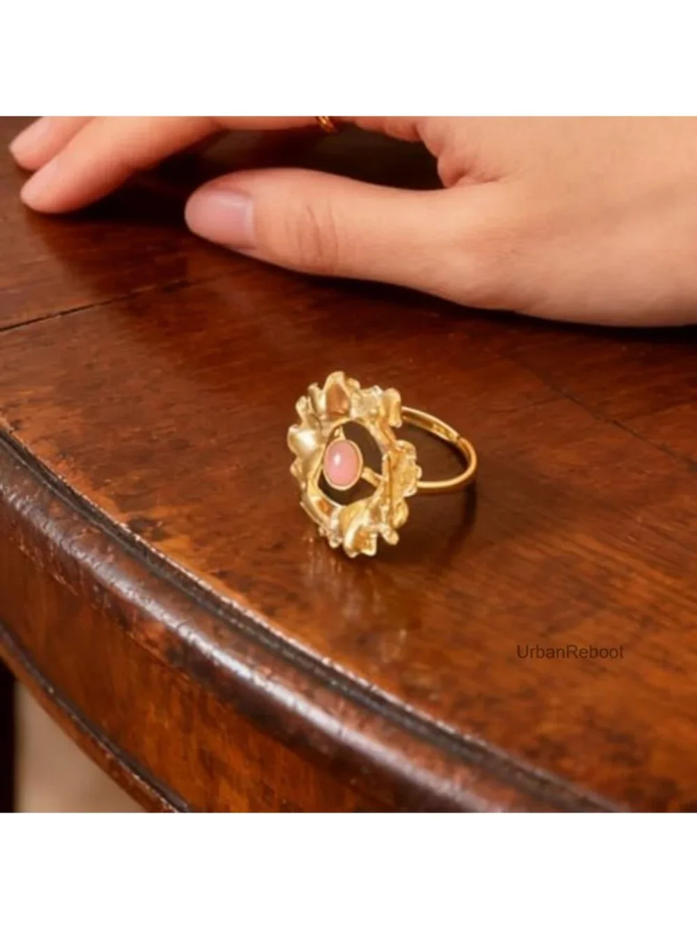 Stainless Steel Hammered Floral Ring with Pink Gemstone, Adjustable Sizes 7-10,
